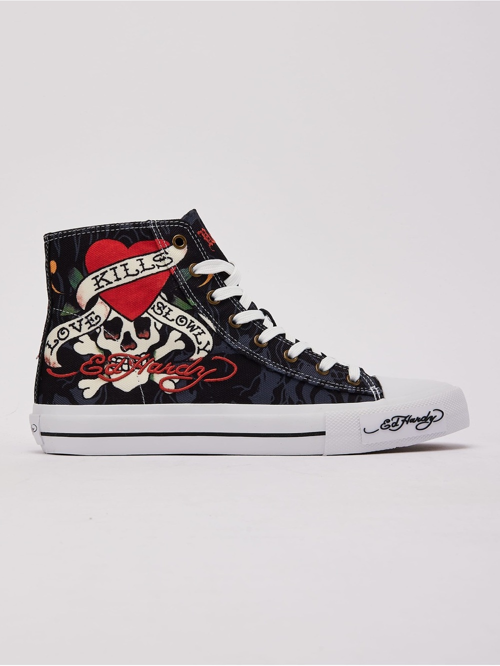 Ed Hardy Black High-Top Sneaker with Red Heart and Skull Graphic